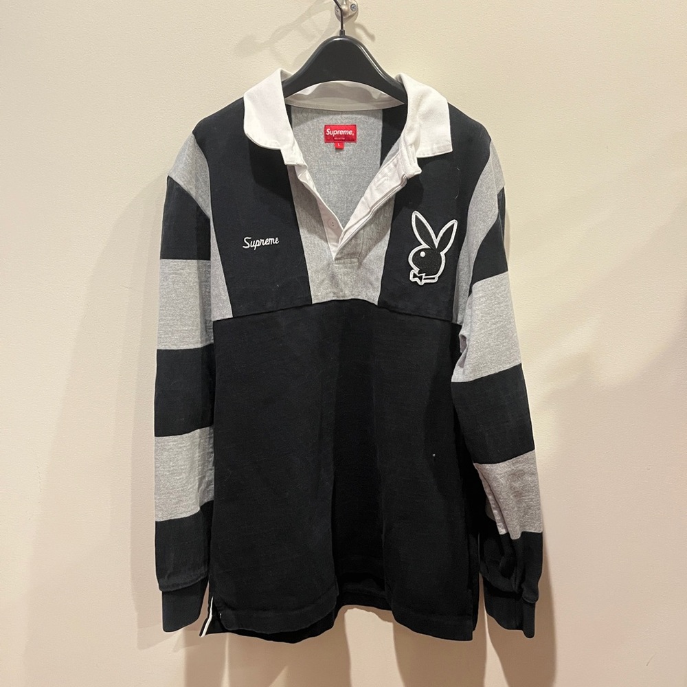 Supreme Gray and Black Rugby Shirt with White Collar